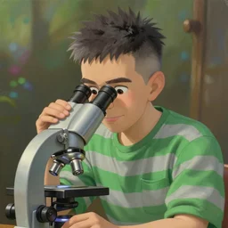 An epic fantasy comic book style portrait painting of a charming and friendly young man , using a microscope very expressive, buzz cut dark gray hair, round face, wearing a shirt with !horizontal green and gray stripes, character design by Mark Ryden and Pixar and Hayao Miyazaki, unreal 5, DAZ, hyperrealistic, octane render, cosplay, RPG portrait, dynamic lighting, intricate detail, summer vibrancy, cinematic