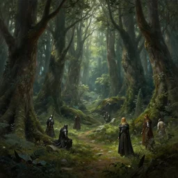 peaceful elven forest, thick forest filled with elven warriors, by alan lee, michal karcz, smooth details, lord of the rings, game of thrones, smooth, detailed terrain, oil painting, trending artstation, concept art, fantasy matte painting