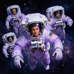astronauts wearing purple space suits from team newrocket floating in the cosmic galaxy, by thomas kinkade and greg rutkowski and ilya kuvshinov, masterpiece illustration, ultrarealistic, perfect face and anatomy, golden ratio