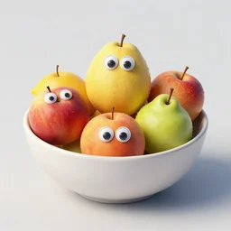 a still life of a bowl of fruit with googly eyes on all the fruit, trending on artstation