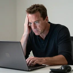 arnold schwarzenegger as conan the barbarian sitting at a desk, frustrated at his laptop screen, laptop trouble, technical difficulties, crisp lighting, expressive, stock photo