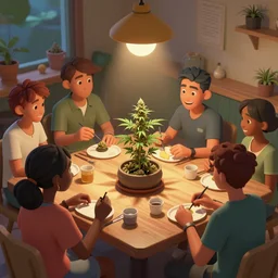close up of happy customers : cafe holds cannabis cooking class for the first time in australia, isometric illustration fun, render in pixar, by darwyn cooke