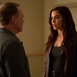 a pov, film still of dua lipa as kim wexler speaking to saul goodman, cinematic lighting, from better call saul.