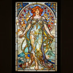 full - body stained glass artwork, imogen poots paladin, by yoann lossel, stephan martiniere, alphonse mucha. art nouveau neo - gothic stained glass by mucha. dota. swirly intricate glass linework background. gaudy colors, sharp edges. ultra clear detailed. 8 k. elegant. octane render