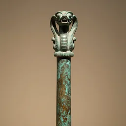 Bronze 1500BCE Canaanite pole with serpent carving at the top. 40mm lens, shallow depth of field, split lighting