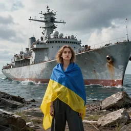ukrainian girl with ukrainian flag near big ruined warship, trying to survive, everywhere, concept art, trending on artstation, highly detailed, intricate, sharp focus, digital art, 8 k