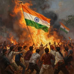 a cinematic dramatic scene of indian flag burning in a communal riot, oil on canvas, by abraham pether, by greg rutkowski, trending on artstation, featured on pixiv, masterpiece, dramatic composition, brilliant lighting, highly detailed, hd, 8 k