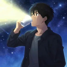 A man drinking a cup of cosmic energy bright light by Masafumi Harada, 4k, digital art, surreal, anime style, space dandy style, highly detailed, godsend, artstation, digital painting, concept art, smooth, sharp focus, illustration by Ruan Jia and Mandy Jurgens and William-Adolphe Bouguereau, Artgerm
