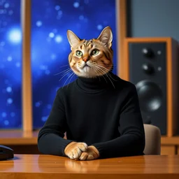 a cat in a black turtleneck pullover being the host of the tv show called cosmos