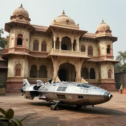a spaceship parked infront of an old richly decorated indian house. the, diffuse light, octane render, 4k, matte painting