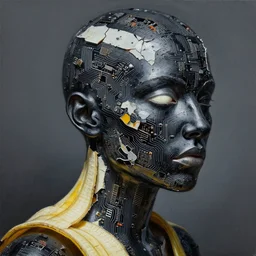 stunning person completely made out of chipped black paint, banana peel, pc circuitry!! and white glossy plastic, greg rutkowski, oil on canvas, intricate design, high detail!!, trending on artstation, 4 k