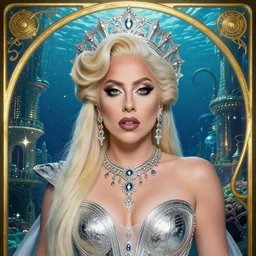 lady gaga as princess kida the high queen of ancient atlantis, a beautiful art nouveau portrait by gil elvgren, beautiful underwater city environment, centered composition, defined features, golden ratio, silver jewelry, stars in her gazing eyes