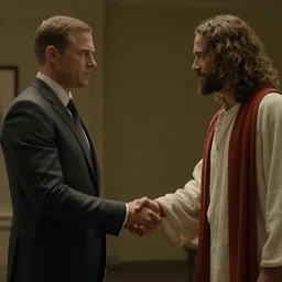 film still of Homelander shaking jesus's hand