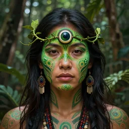 a beautiful indigenous female shaman with a third eye made of ayahuasca vines in the jungle, face painted in green tribal, fractals, beautiful colors, matte painting, by christophe vacher