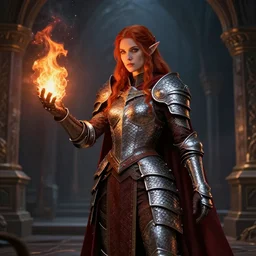 a female elven cleric with red long hair, very good beautiful heavy scale armor, wearing a cape, casting a fire spell, dungeon background, magical, bright, colorful, fantastic lighting, amazing details, 4 k uhd, illustration by stephanie brown and makoto shinkai and ilya kuvshinov, artstation, pixiv, concept art,