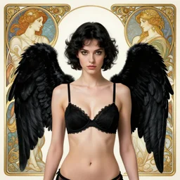character design by artgerm, cushart krenz, greg rutkowski and alphonse mucha. ( ( ( portrait of a black - haired angel with black wings in a black bra ) ) ) sharp edges. ultra clear detailed. 8 k. ultra detailed, elegant, intricate, octane render.