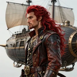 male airship pirate, D&D, handsome, side profile, fantasy, intricate, long hair, leather coat, airship, steampunk, red hair, elegant, highly detailed, digital painting, artstation, concept art, smooth, sharp focus, illustration, art by artgerm and greg rutkowski and alphonse mucha