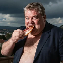 photo of fat viktor orban eating a piece of bacon by lee jeffries