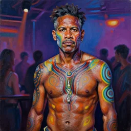 palette knife oil painting portrait of a middle aged, athletic, lean, aboriginal australian hipster, open shirt, body paint, psychedelic, dreamtime, nightclub background, artstation trending, artgerm, any racial background, deviant art, hipster, octane, substance, art history 8 k