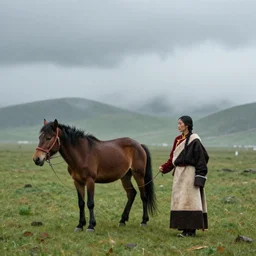 stormy, rainy, misty, a woman in tibetan dress leads a horse on the grassland, by craig mullins