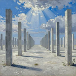 world of only concrete, a flat endless plane of concrete covered in thin, very tall concrete pillars talk enough to go above the frame that go on to the horizon, open sky, but sparse vegetation is returning to the world, growing in the concrete, blue sky with clouds, god rays, beautiful painting, oil on canvas, by Ewa Czarniecka, award winning masterpiece,