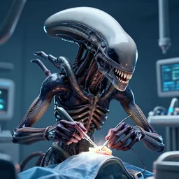 a xenomorph from alien performing dentistry, digital art