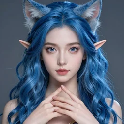 centered detailed portrait of a extremely beautiful aesthetic young cat girl and elves hybrid, symmetrical, long blue wavy hair, sharp focus on the eyes, final fantasy, - hands, details, intricate, octane render, smooth face, illustration, fairy lighting, hyperrealistic, by wlop and dmitry prozorov, artgerm, artstation, award winning,