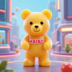 portrait of haribo bear in future city, color and shape focus, central