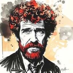 bob ross in a portrait, drawn in ink by ralph steadman
