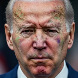 joe biden frowning, swollen face, bruised, purple and green bruises, red swollen boils, painful, detailed, up close, medical photo, / r / medizzy