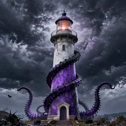 “purple and black kraken tendrils snaking up a lighthouse in a storm, high quality concert art”