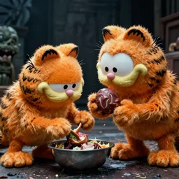 still of Garfield monster feeding off of Jon\'s soul, horror movie directed by David Cronenberg and Jörg Buttgereit (1973), dramatic photography, look what you have done, existence is pain