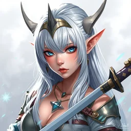 grimes as an elven warrior with elf ears, silver hair, beautiful anime warrior, masterpiece by shikinami asuka langley, incredible beauty, charismatic, trending on artstationl, digital art, japanese anime art, incredible detail, pop star grimes, elf ears, katana
