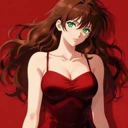 sexy woman with brown hair and green eyes, wearing a camisole, perfect body, red and black color palette, in the style of and ilya kuvshinov and greg rutkowski, high quality anime artstyle, intricate