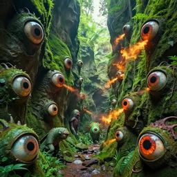 a green canyon filled with giant eyes and weird creatures who breath fire