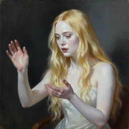 Painting of Elle Fanning performing necromancy, long blonde hair, delicate, pale milky white porcelain skin, by Edward Hopper. 8K. Extremely detailed.