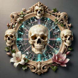 beautiful classical decorative ornament, skulls, glass fragments, cyberpunk, acanthus scrolls, lilies, ivy, anatomy, energy, geometry, magnolia, bones, petals, stems, fibonacci rhythm, artstation, art germ, wlop