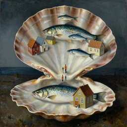 a city with fish citizens inside!! the seashell, small scandinavian houses, little people, by jacek yerka by magritte, surrealistic painting, masterpiece, oil painting, sharp focus, highly detailed, intricate, smooth, 8 k,