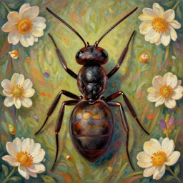 a symmetric portrait of the face of an ant, surrounded by flowers, by well renowned world artist