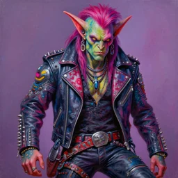 a portrait of a scifi apocalyptic demonic orc goblin biker character, psychedelic vibrant colors, futuristic punk rock fashion, highly detailed oil painting by michael whelan art, cool pose, sharp focus, realistic, 8 0 s hair, studded leather jacket