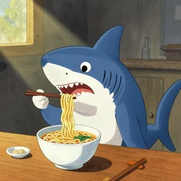 a colorful shark eating ramen by leo lionni