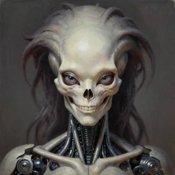 perfectly centered portrait, front view of a beautiful biomechanical android alien robot skull, flowing hair, intense stare, sarcastic smile, symmetrical, concept art, intricate detail, volumetric shadows and lighting, realistic oil painting by tim hildebrandt