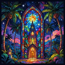 stained glass!!, residence, universe!!!!, palm trees, infographic with illustrations!!!, glowing lights, epic fantasy, colorfully, digital art, highly saturated colors, concept art, detailed illustration, hd, 4 k, digital art, greg rutkowski, dan mumford, studio ghibli trending on artstation