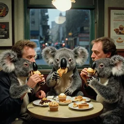 street interior of manhattan 1 9 8 0 s night killer koalas with big long fangs eating muffins. scorsese, wes anderson, kodachrome, fred herzog. epic view. cinestill film tones, by chesley bonestell, vincent di fate