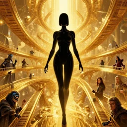 the intrincate golden way of the ai god, movie poster, solarpunk wizard, golden bridges by haza hadid, female cyborg black silhouette, artstation, designed by bill gold and saul bass, richard amsel and greg manchess and mike mignola and shepard fairey and ashley woods