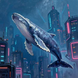 a beautiful painting of 1 humpback whale suspended in mid air near a skycraper, cyberpunk city, neon lights, cinematic shot, volumetric light, detailed, epic