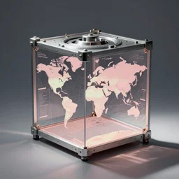 photograph of a pastel screen print of a world locked in a mechanical box. designed by Ash Thorp.
