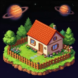 a house with a garden on a distant planet, from a space themed Lucasarts graphic adventure game made in 1999