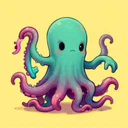 an illustration of a cute cthulhu monster by jack kirby moving it's tentacles against a yellow background, digital art