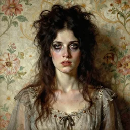 a beautiful and eerie baroque painting of a beautiful but serious woman in layers of fear, with haunted eyes and dark hair piled on her head, 1 9 7 0 s, seventies, floral wallpaper, wilted flowers, a little blood, morning light showing injuries, delicate embellishments, painterly, offset printing technique, art by brom, robert henri